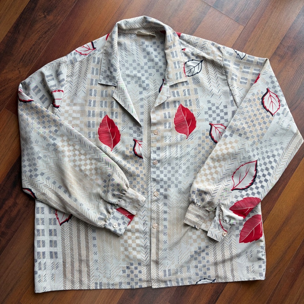 Vintage Dalton Geometric Leaf Print Blouse‎ Red Grey Tan Button Down Size 16